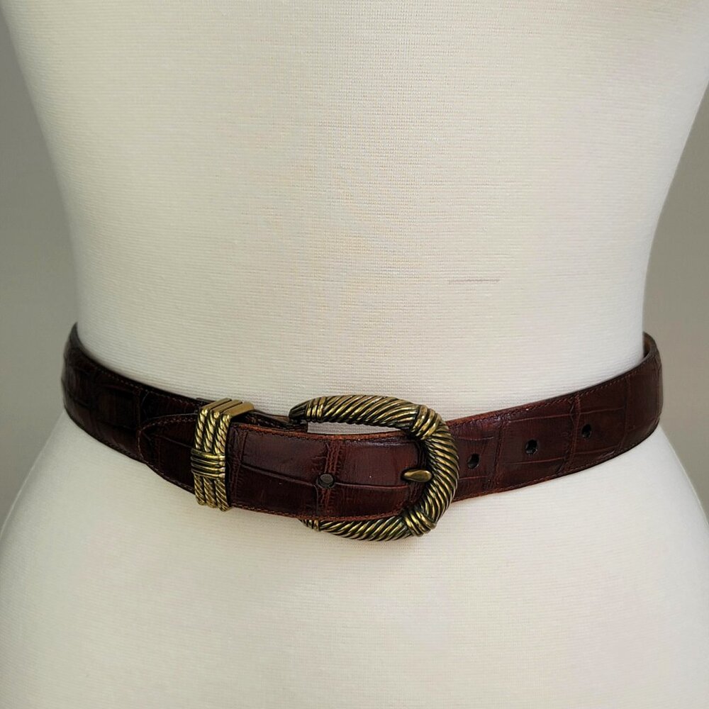 Vintage Brighton 50108 Croc Embossed Brown Leather Brass Buckle Belt Size S